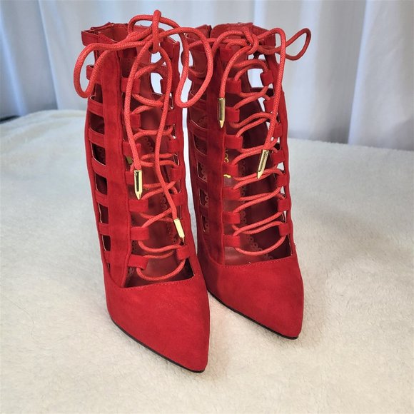 ☆ Alba Red Cage Cut Pointy Toe Lace Up Ankle Boots - Picture 2 of 9